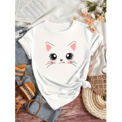 Cat Print Casual T-Shirt, Round Neck Short Sleeves Versatile Sports Tee, Women’s Comfy Tops – PRYCUS MITCHELL INC