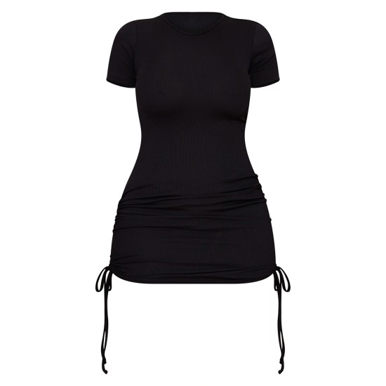 Shape Black Rib Short Sleeve Ruched Side Bodycon Dress