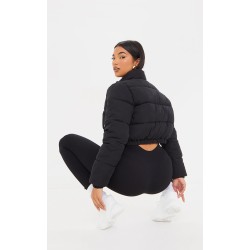 Black Cropped Peach Skin Bubble Puffer Jacket