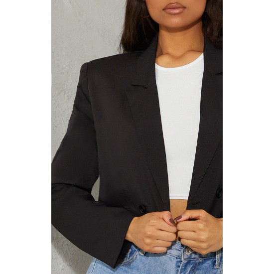 Black Woven Cropped Shoulder Padded Blazer