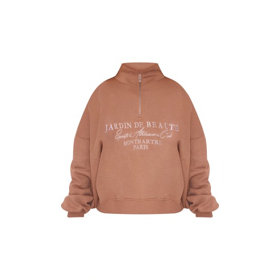 PRETTYLITTLETHING Mocha Logo Embroidered Half Zip Sweatshirt