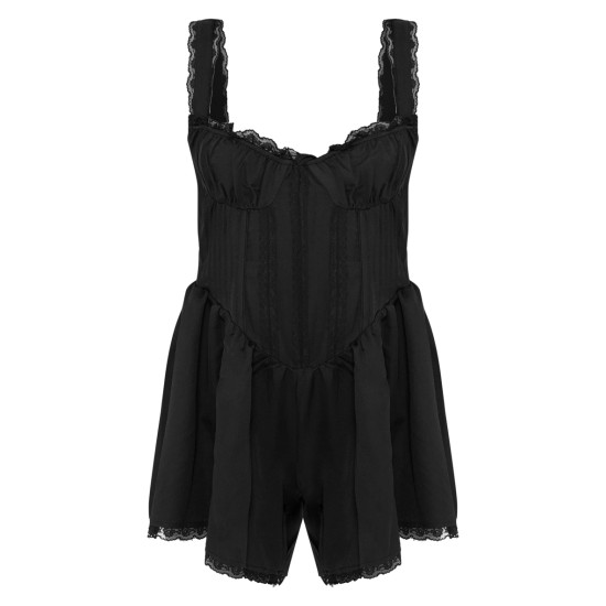 Black Woven Lace Detail Strappy Romper