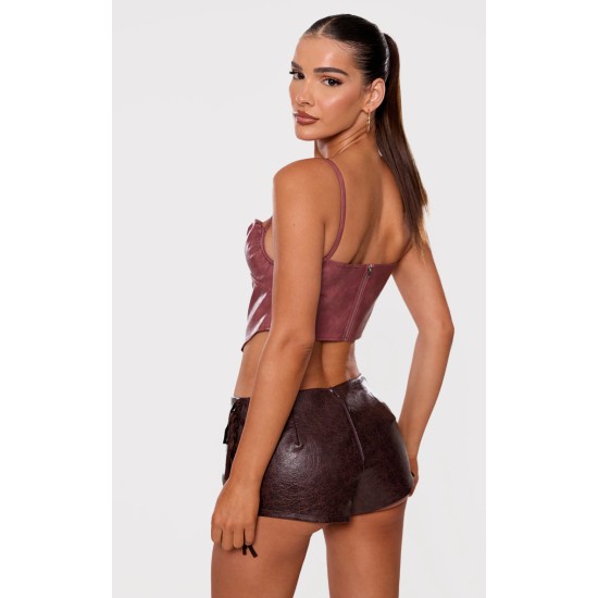 Mauve Faux Leather Ruched Bust Boned Dip Hem Corset