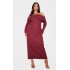 Plus Burgundy Heavy Brushed Rib Bardot Trim Maxi Dress