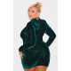 Plus Emerald Green Velour High Neck Long Sleeve Mini Dress