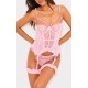 Baby Pink Eyelash Lace Frill Detail Longline Corset Lingerie Set