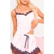 Pink Stripe Contrast Lace Satin Cami Short PJ Set