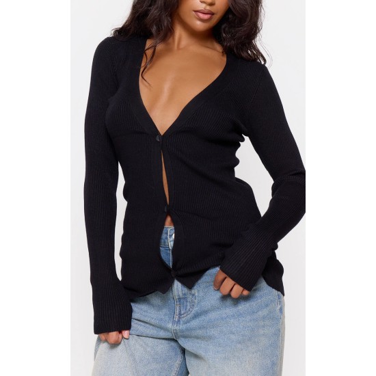 Black Knitted Ribbed Long Sleeve Cardigan