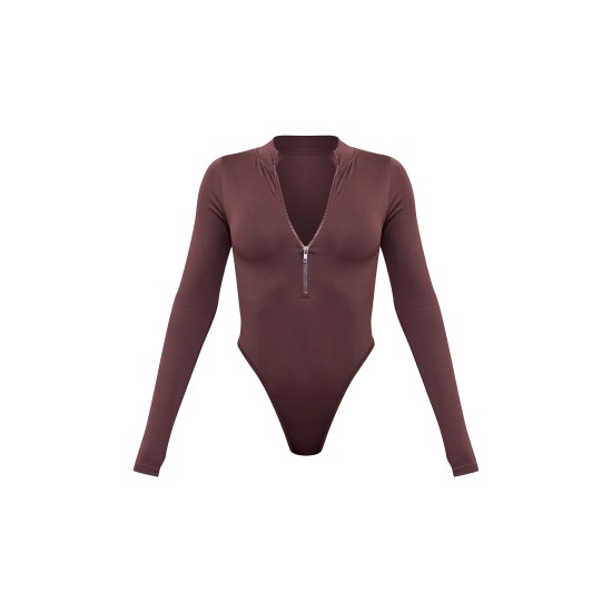 Coffee Contour Zip Up High Neck Bodysuit