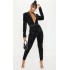 Black Velvet Sequin Plunge Front Tailored Jumpsuit