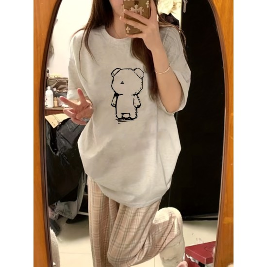 Cute Bear Print Crew Neck T-shirt, Casual Short Sleeve Loose Top For Spring & Summer, Women’s Clothing – PRYCUS MITCHELL INC