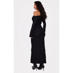 Black Heavy Brushed Asymmetric Ruched Maxi Dress