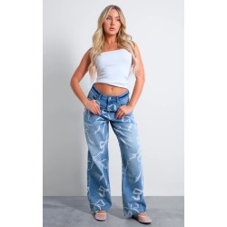 Light Blue Ribbon Detail Laser Print Jeans