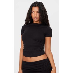 Black Cotton Side Cap Sleeve Ruched Top