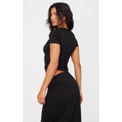 Black Cotton Side Cap Sleeve Ruched Top