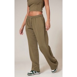 Olive Washed Rib Panel Wide Leg Sweatpants